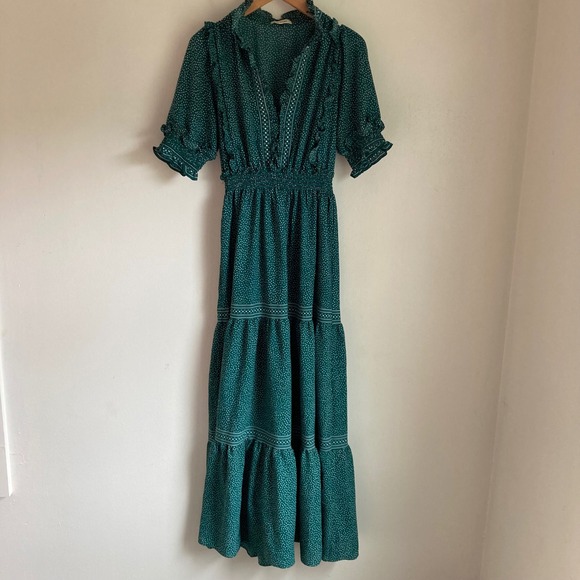 Max Studio Dresses & Skirts - Max Studio Green Polka Dot Tiered Maxi Dress Ruffle V-Neck Smocked Waist Medium